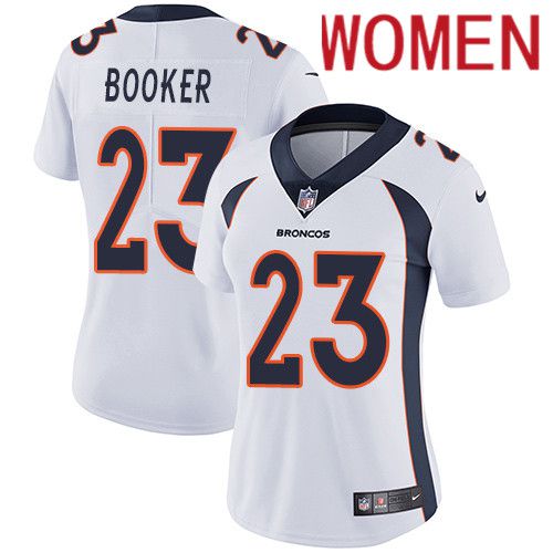 Women Denver Broncos #23 Devontae Booker White Nike Vapor Limited NFL Jersey->women nfl jersey->Women Jersey